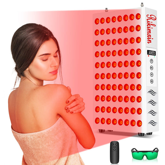 Rikimxin red light panel front view shows dual 660nm and 850nm LEDs for skin and deeper tissue exposure