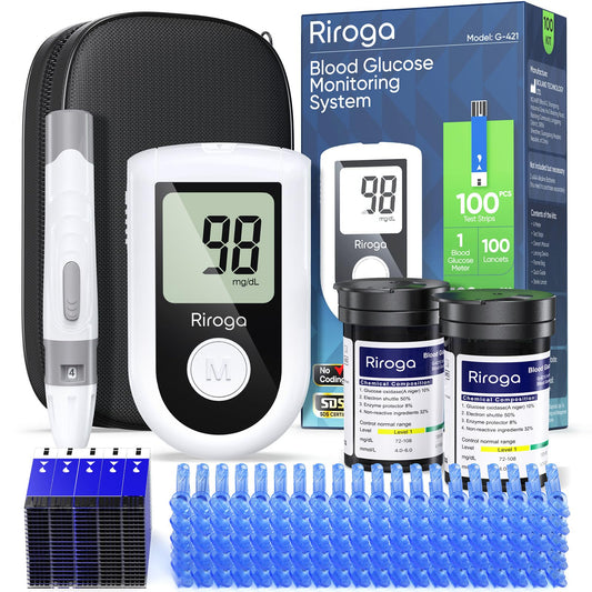 Riroga blood glucose meter kit front view for easy home monitoring.