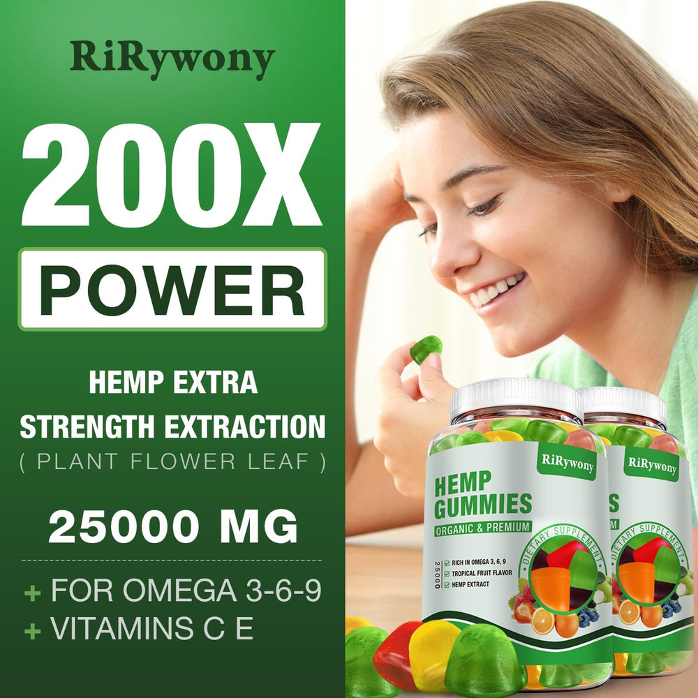 RiRywony Health Hemp Gummies bottle back lists ingredients and vegan formula.