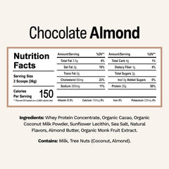 Rise Grass-Fed Whey Protein Chocolate Almond pour reveals smooth, creamy shake.