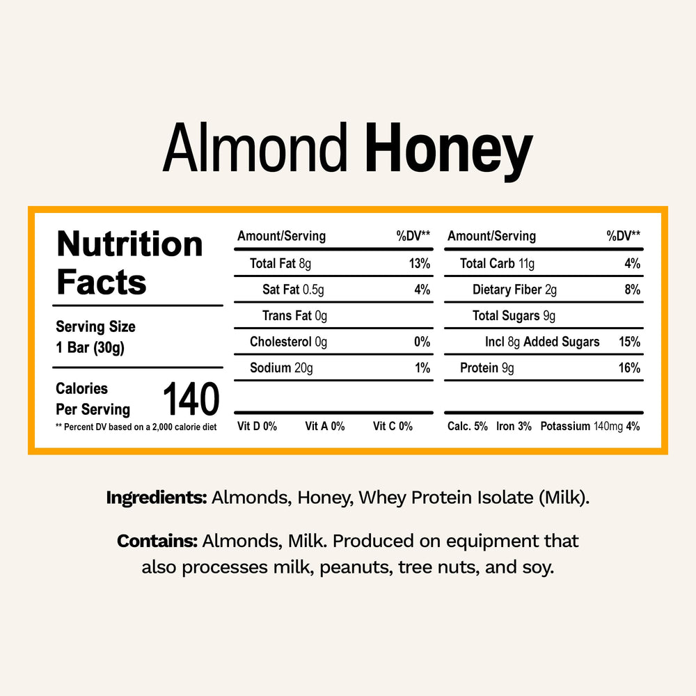 Rise Minis Almond Honey close-up highlights clean ingredients and creamy texture.