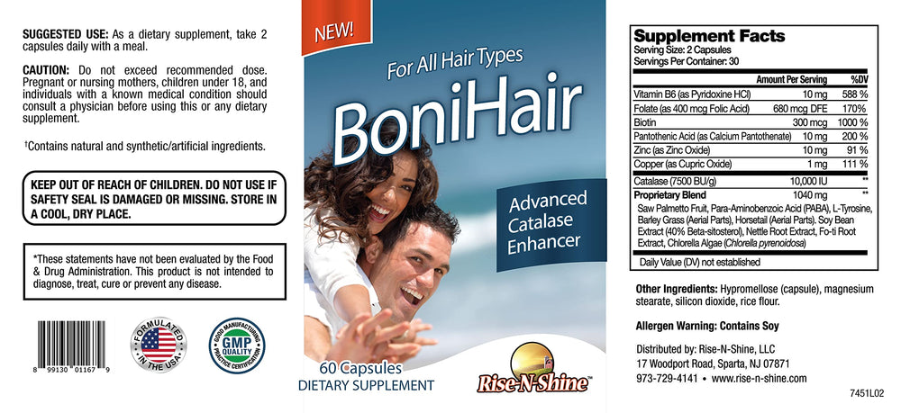 Rise-N-Shine BoniHair label detail with Saw Palmetto and Biotin for hair support.