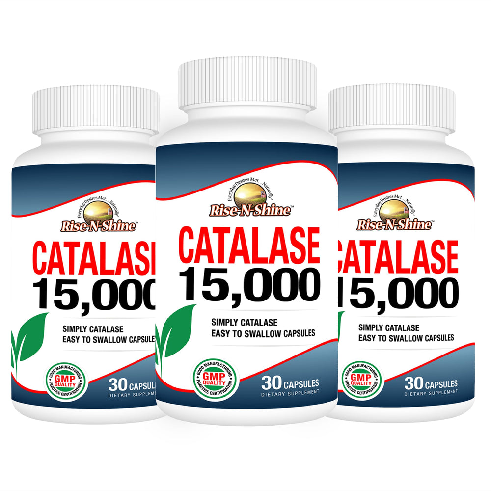 Rise-N-Shine catalase 15000 bottle label highlighting the antioxidant enzyme for hair health
