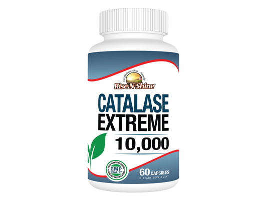 Rise-N-Shine Catalase Extreme bottle supports daily hair vitality.
