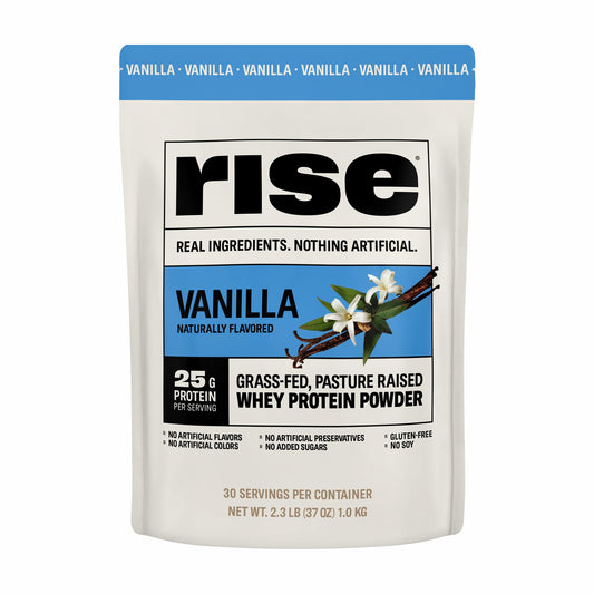 Rise vanilla whey powder bottle shows pure protein option for quick boosts.