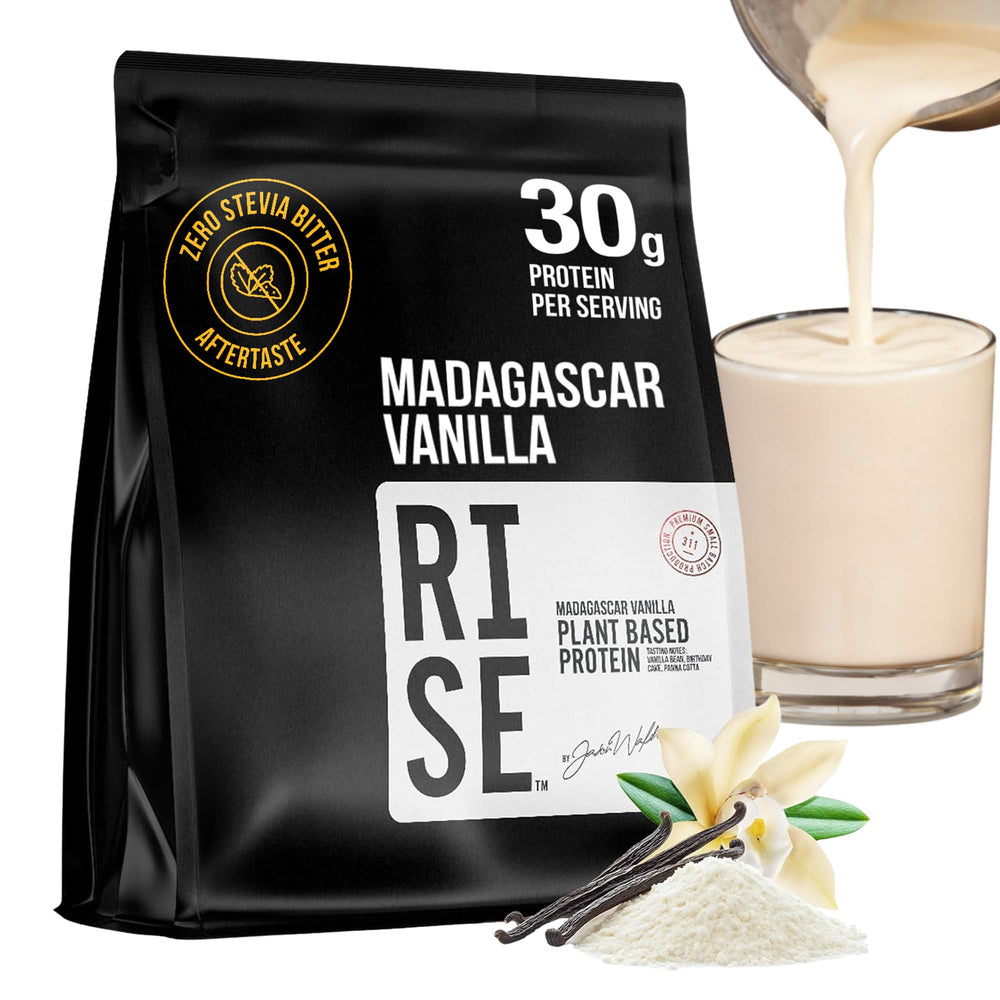 RISE311 plant-based protein tub front label highlights complete protein