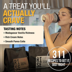 RISE311 protein shake poured into glass to showcase smooth texture