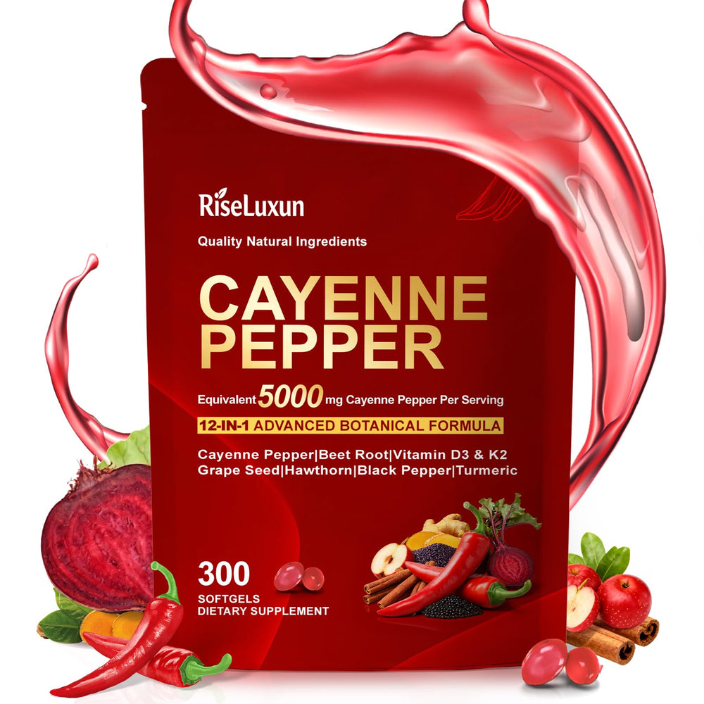 RiseLuxun 12-in-1 Cayenne Pepper capsules bottle for daily wellness balance