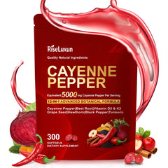 RiseLuxun 12-in-1 Cayenne Pepper capsules bottle for daily wellness balance