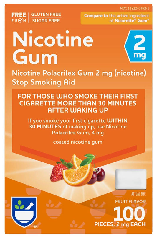 Rite Aid Nicotine Gum 2mg fruit flavor packaging highlights convenient, discreet quit aid usage.