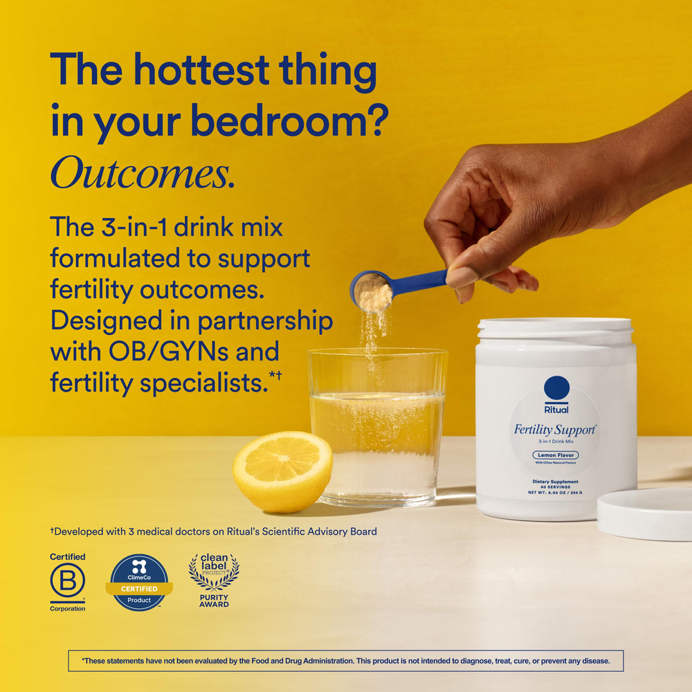 Ritual Fertility Support glass-dissolve demonstrates easy mix in water for a convenient routine.