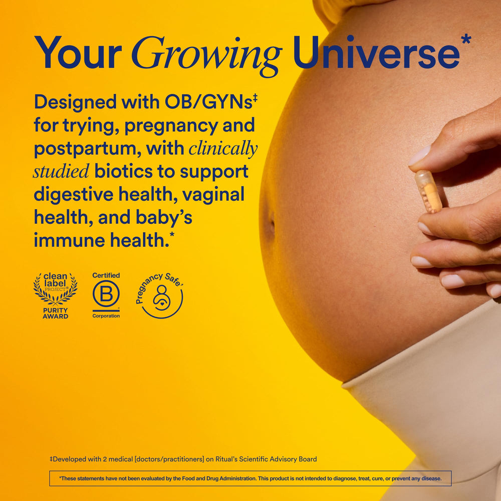 Ritual Natalbiotic tablet with nested-capsule close-up illustrating layered probiotic release.