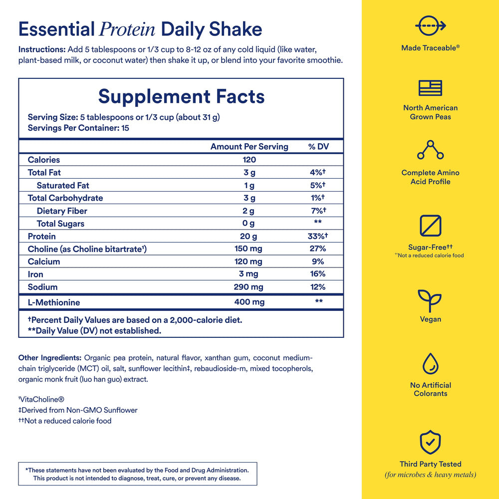 Ritual pea protein powder vanilla scoop highlighting a 20g serving with BCAAs.