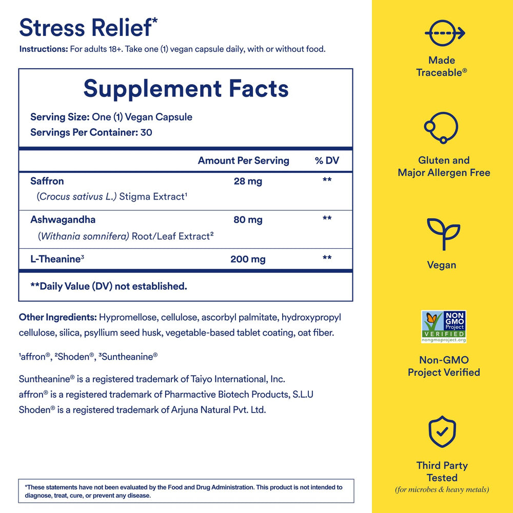 Ritual Stress Relief L-Theanine capsules emphasize quick stress support within hours.