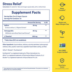 Ritual Stress Relief L-Theanine capsules emphasize quick stress support within hours.