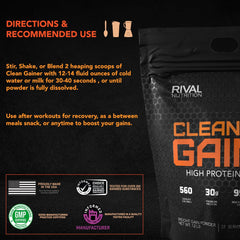 RIVAL NUTRITION Clean Gainer product shot highlights rugged packaging and easy scoop.