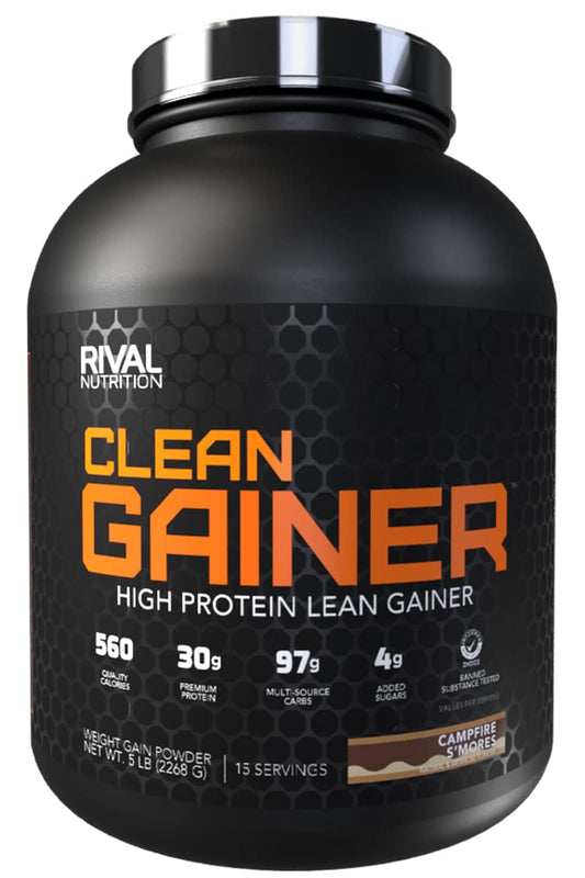 Rival Nutrition Clean Gainer Campfire S'Mores bag highlights protein blend for muscle support
