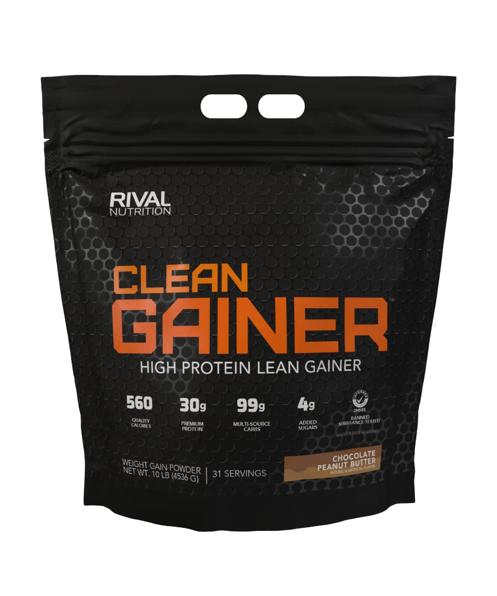 Rival Nutrition Clean Gainer chocolate peanut butter front packshot, ideal for mass fueling