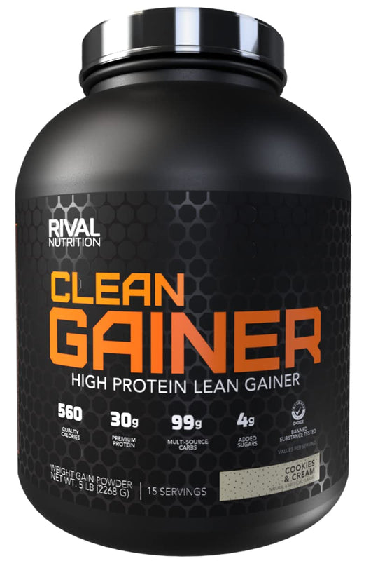 Rival Nutrition Clean Gainer Cookies & Cream bottle ready for post-workout fueling.