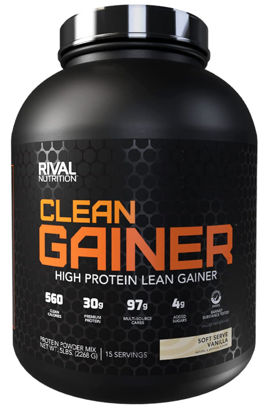 RIVAL NUTRITION Clean Gainer Soft Serve Vanilla tub highlighting protein blend.