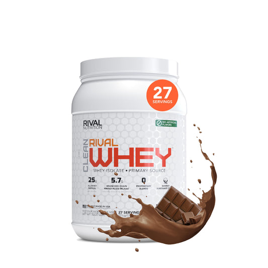 RIVAL NUTRITION Clean Rival Whey chocolate powder bottle pour for post-workout recovery
