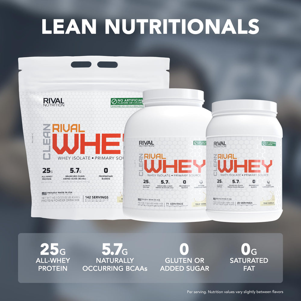 RIVAL NUTRITION Clean Rival Whey chocolate powder with glass of milk ready to mix