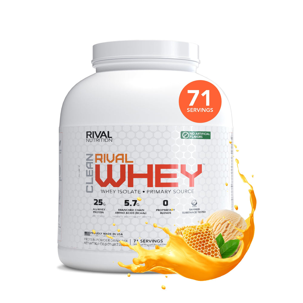 Rival Nutrition Clean Rival Whey 5lb tub front view for lean muscle support