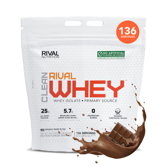 RIVAL NUTRITION Clean Rival Whey bottle with chocolate flavor for lean protein