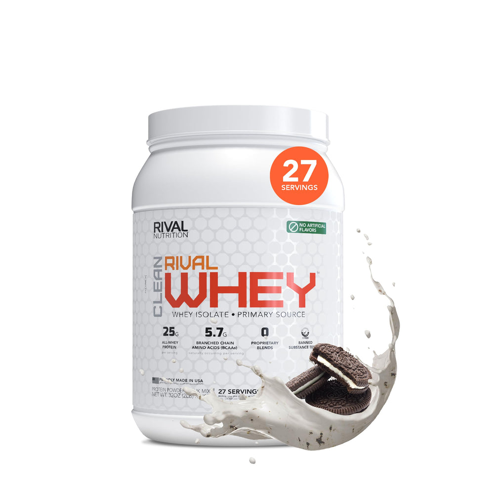 RIVAL NUTRITION Clean Rival Whey bottle highlights cookies & cream protein for post-workout recovery