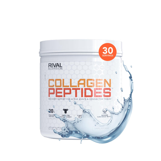 Rival Nutrition Collagen Peptides bottle emphasizes grass-fed formula for joint support and skin hydration.