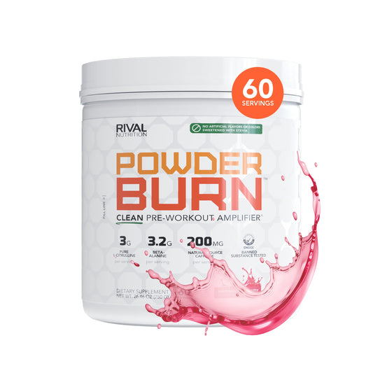 RIVAL NUTRITION Powder Burn Watermelon Candy bottle ready for a clean pre-workout boost.