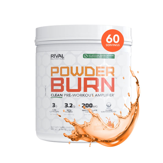 Rival Nutrition Powder Burn Juicy Orange tub for a clean pre-workout energy boost