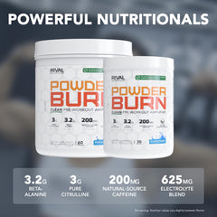 RIVAL NUTRITION Powder Burn packaging showcases natural Sour Candy flavor.
