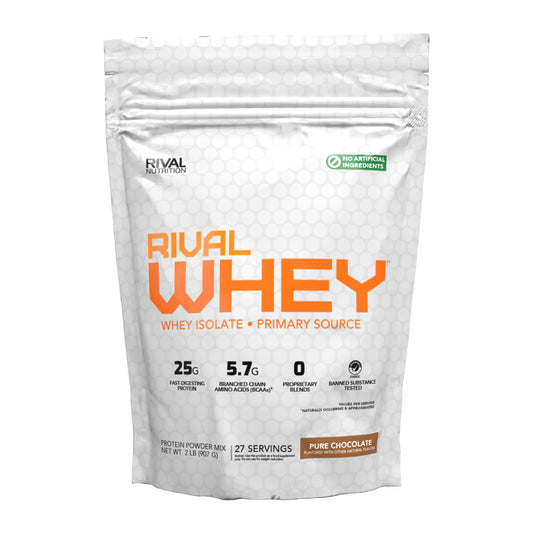 RIVAL NUTRITION pure chocolate whey tub showing 25g protein per serving for daily fueling.