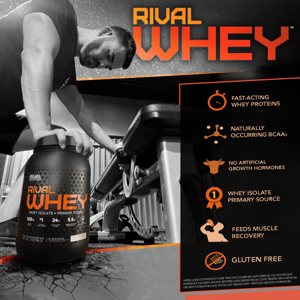 Rival Whey Cookies Cream powder closeup emphasizes smooth texture and mixability