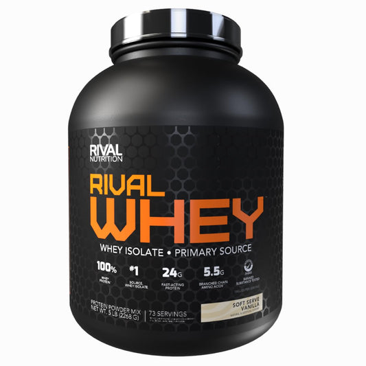 Rival Whey Soft Serve Vanilla bottle showing high-protein nutrition