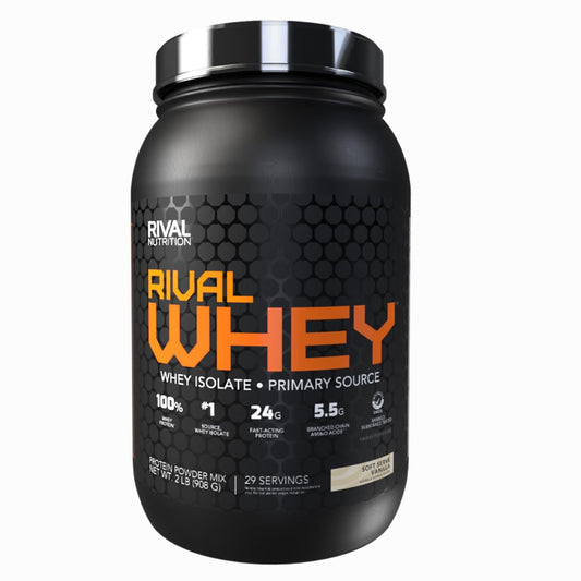 Rival Nutrition Whey Soft Serve Vanilla 2lb jar showing protein blend for post-workout recovery