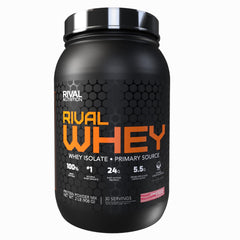 RIVAL NUTRITION Rival Whey Strawberry and Cream 2lb container, high-purity protein for post-workout recovery.