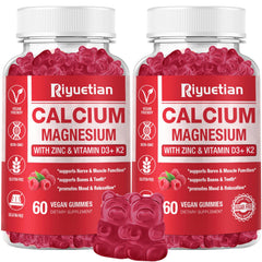 Riyuetian Calcium Gummies bottle showing vegan, high-absorption minerals for daily bone support.