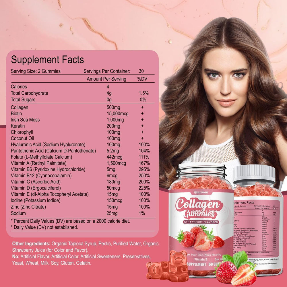 Riyuetian collagen gummies closeup reveals strawberry flavor and soft texture