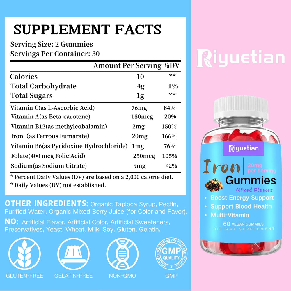 Riyuetian mixed-flavor iron gummies highlight tasty daily support.