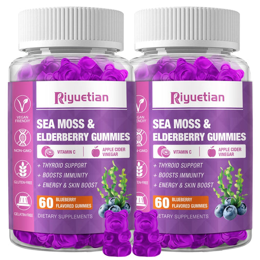 Riyuetian Sea Moss & Elderberry Gummies bottle with blueberry flavor for daily immune support.