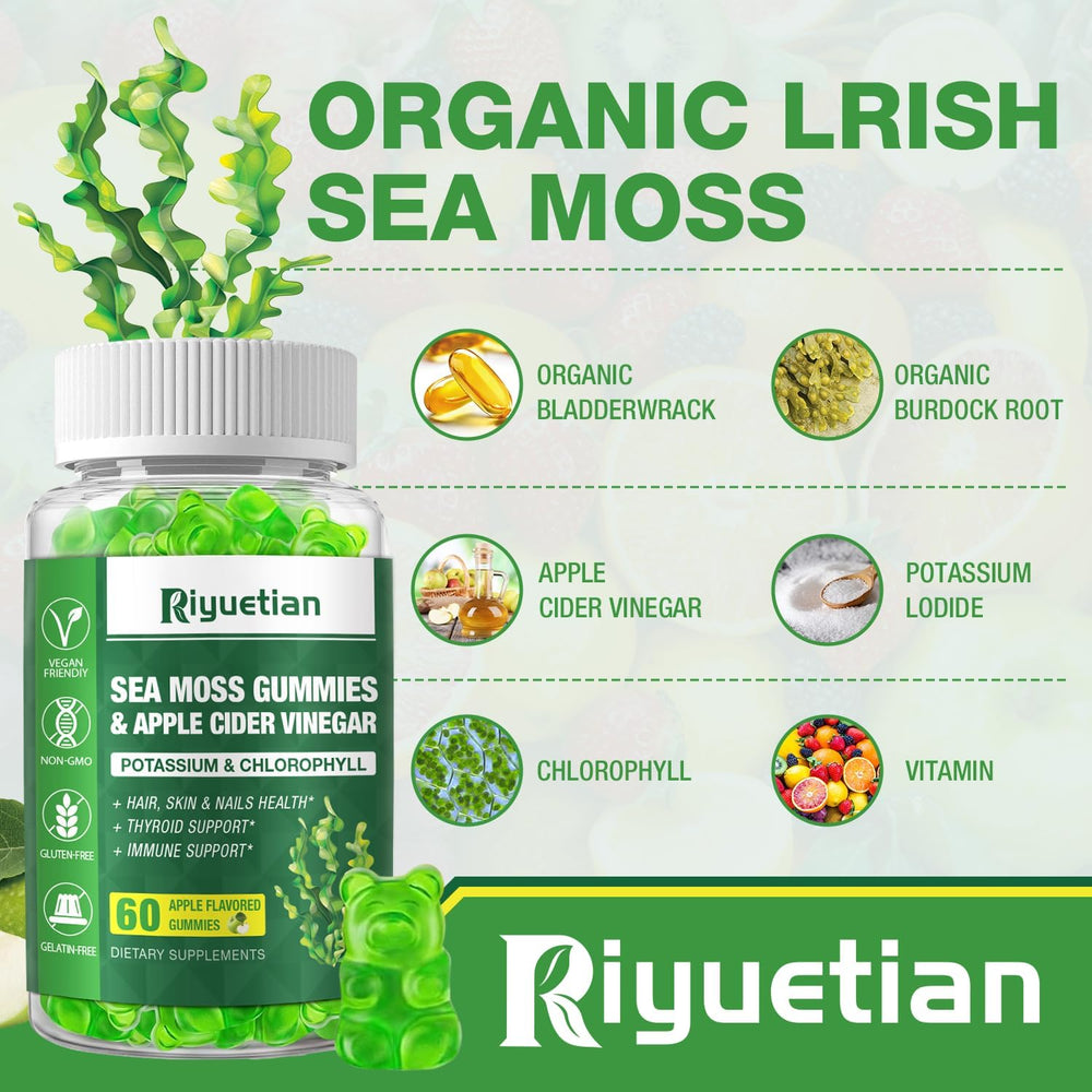 Riyuetian Sea Moss Gummies nutrition facts label highlighting 2000 mg sea moss per serving