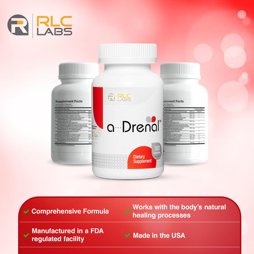 RLC Labs a-Drenal bottle in hand suggests easy daily intake.