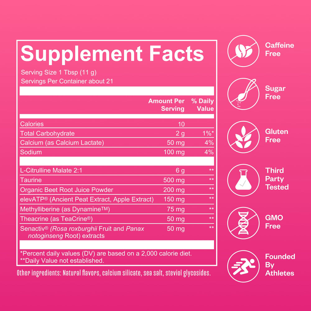 RNWY Extra Mile open tub close-up emphasizing sugar-free formula and pink lemonade flavor
