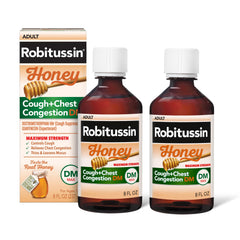 Robitussin Honey DM Max bottle pour shows easy dosing for chest congestion relief