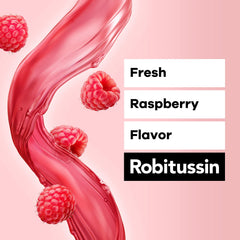 Robitussin Raspberry flavor syrup close-up for adults.