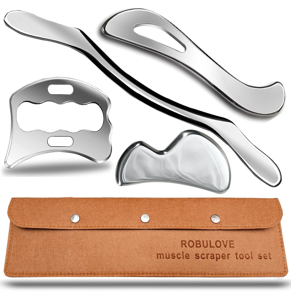 Robulove professional stainless steel muscle scraper with ergonomic grip for targeted myofascial release.