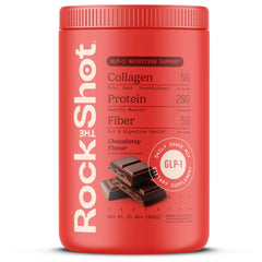 ROCK THE SHOT GLP-1 chocolate shake tub on counter supports daily nutrition