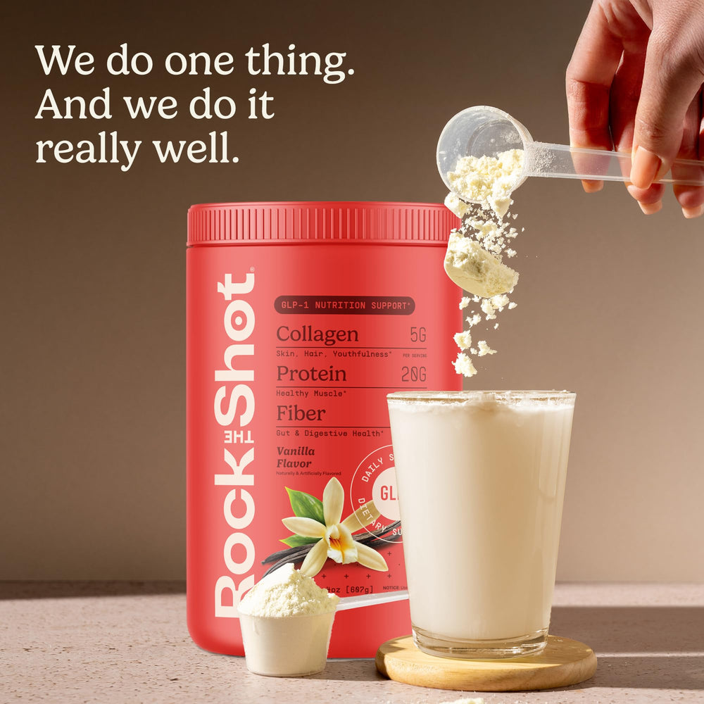 ROCK THE SHOT GLP-1 Vanilla daily routine cup for on-the-go nutrition.